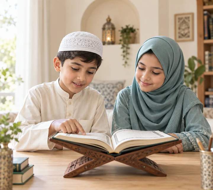 Illustrative photograph of two children learning to read Quran together.